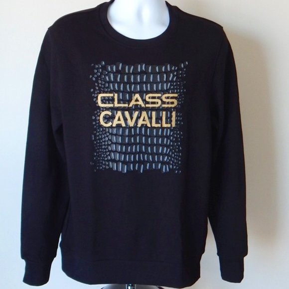 CAVALLI CLASS Logo Graphic Premium Fleece Pullover Sweatshirt Crewneck Black - Picture 1 of 7